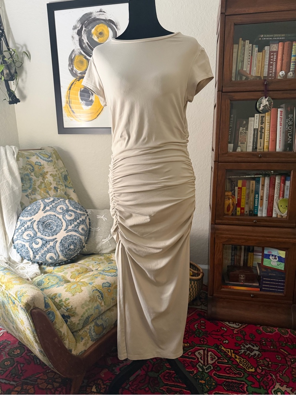 Susana Monaco L Beige Ruched Maxi Dress Short Sleeve Stretch Made USA